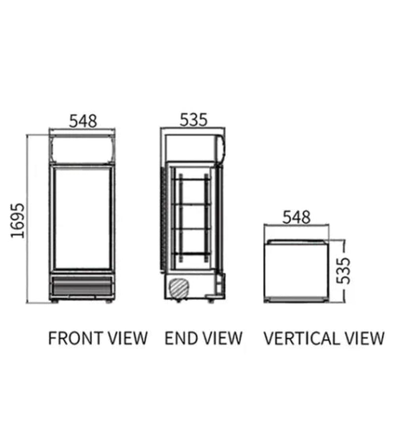 Technical drawing of a refrigerator with dimensions labeled for front, end, and vertical views.