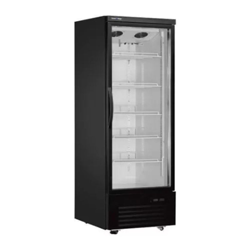 Black glass-door refrigerator on a white background