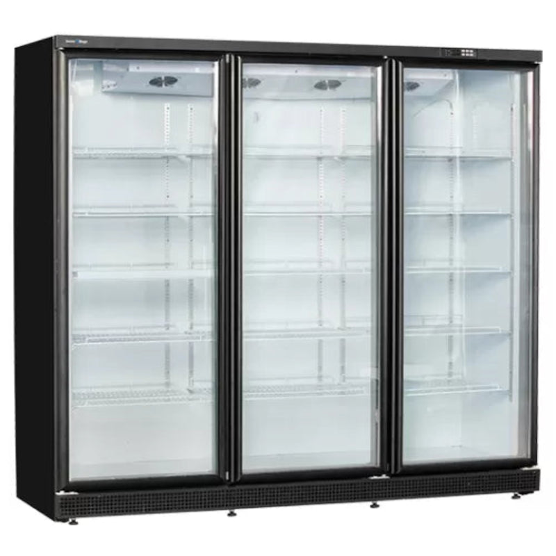 Triple glass door commercial freezer on a white background