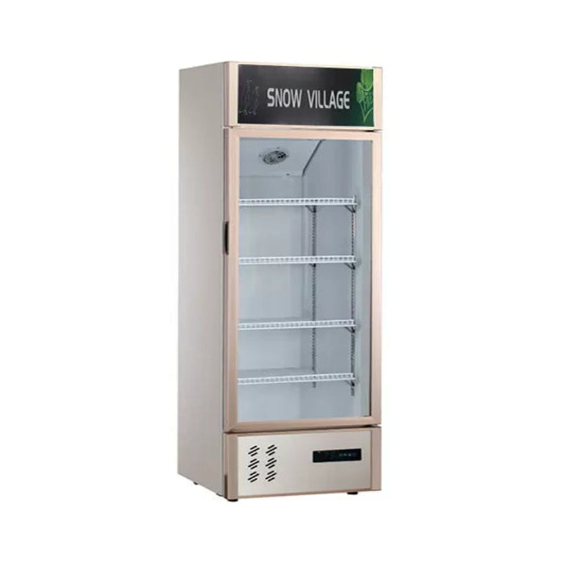 Snow Village display freezer with glass door on a white background