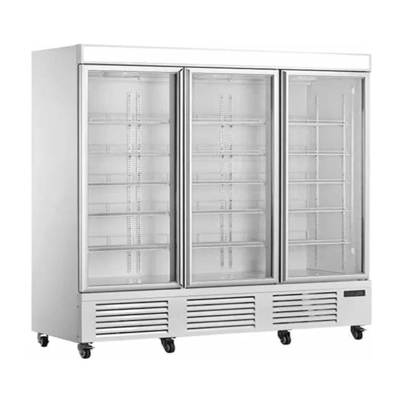 Three-door commercial freezer with glass doors on a white background