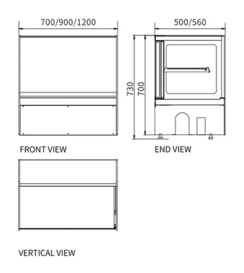 Technical drawing of a product with dimensions labeled for front, end, and vertical views.