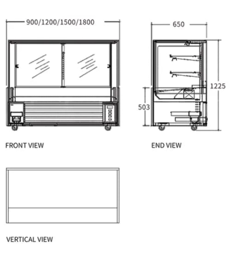 Technical drawings of a kitchen cabinet with dimensions labeled