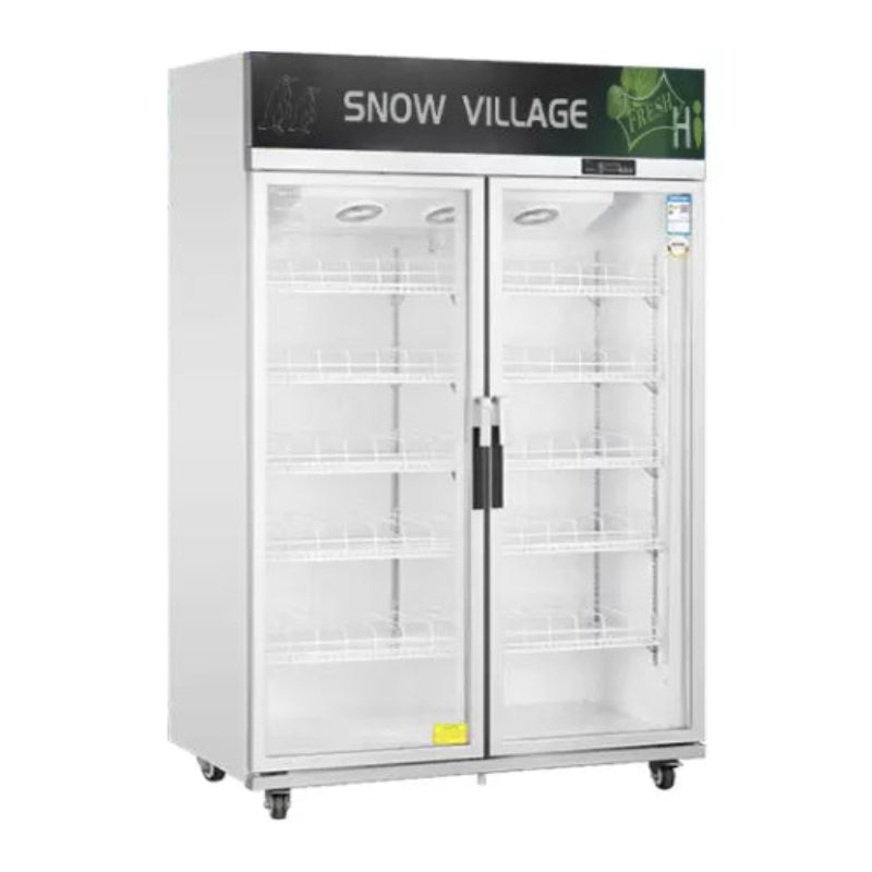Snow Village commercial refrigerator with glass doors on a white background