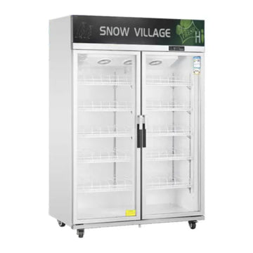 Snow Village commercial refrigerator with glass doors on a white background