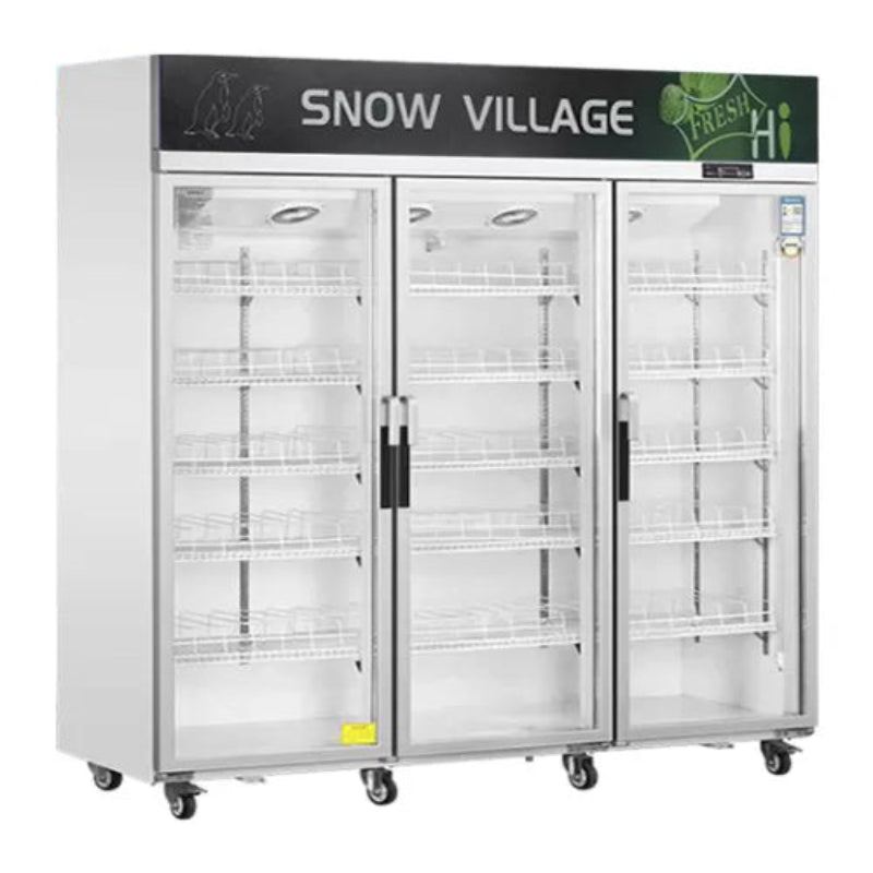 Three-door commercial freezer with 'Snow Village' branding on a white background
