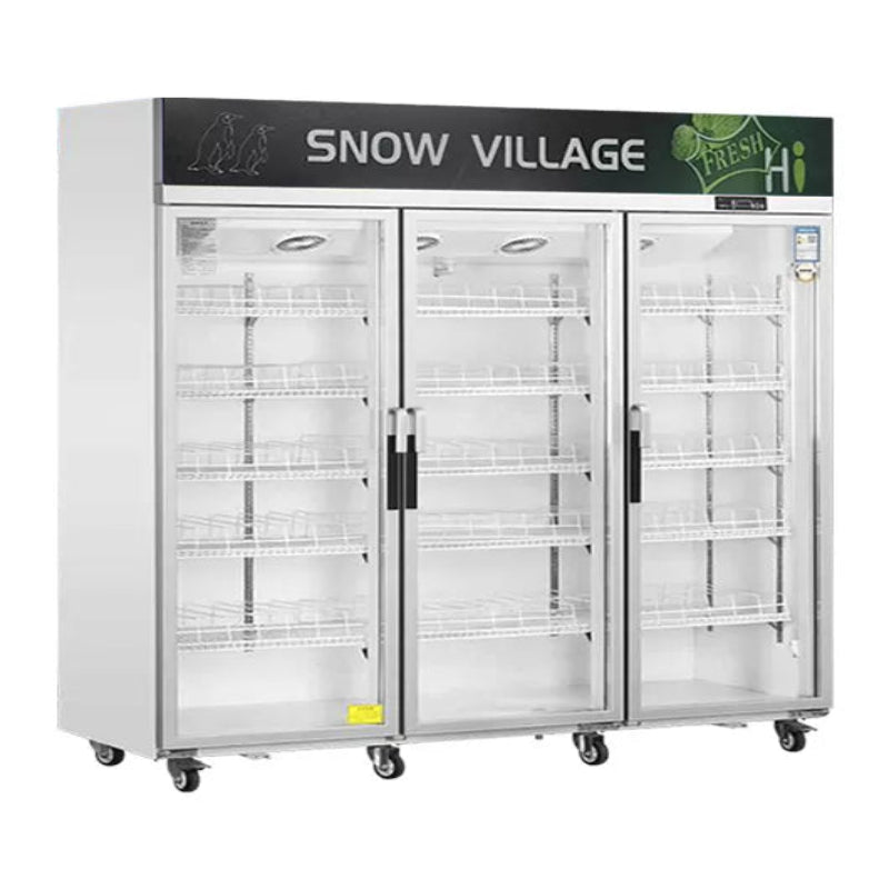 Three-door commercial freezer with 'Snow Village' branding on a white background