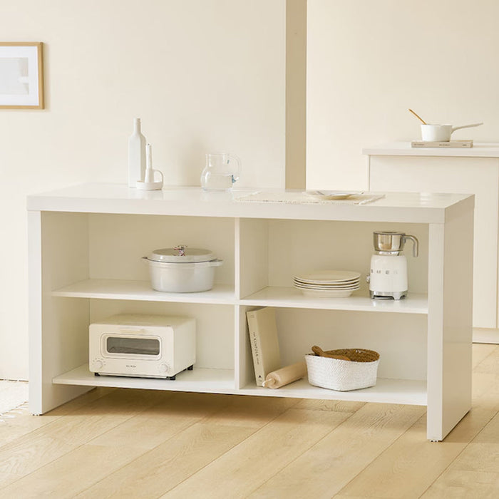 Alex White Kitchen Island with thick wood top and storage shelves