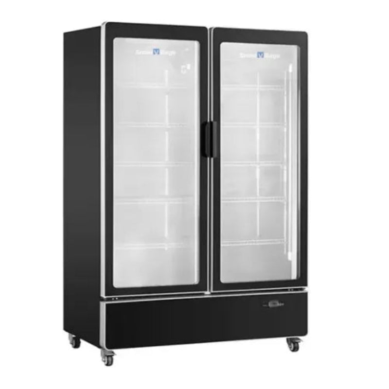Black double-door refrigerator with glass doors on a white background