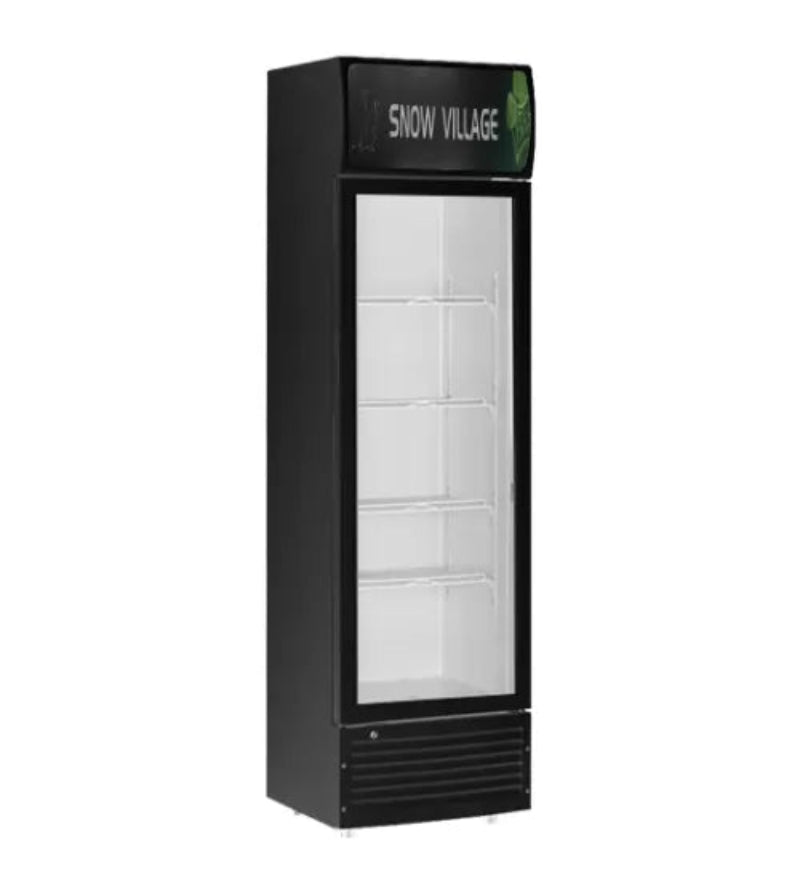 Black refrigerator with glass door labeled 'Snow Village' on a white background
