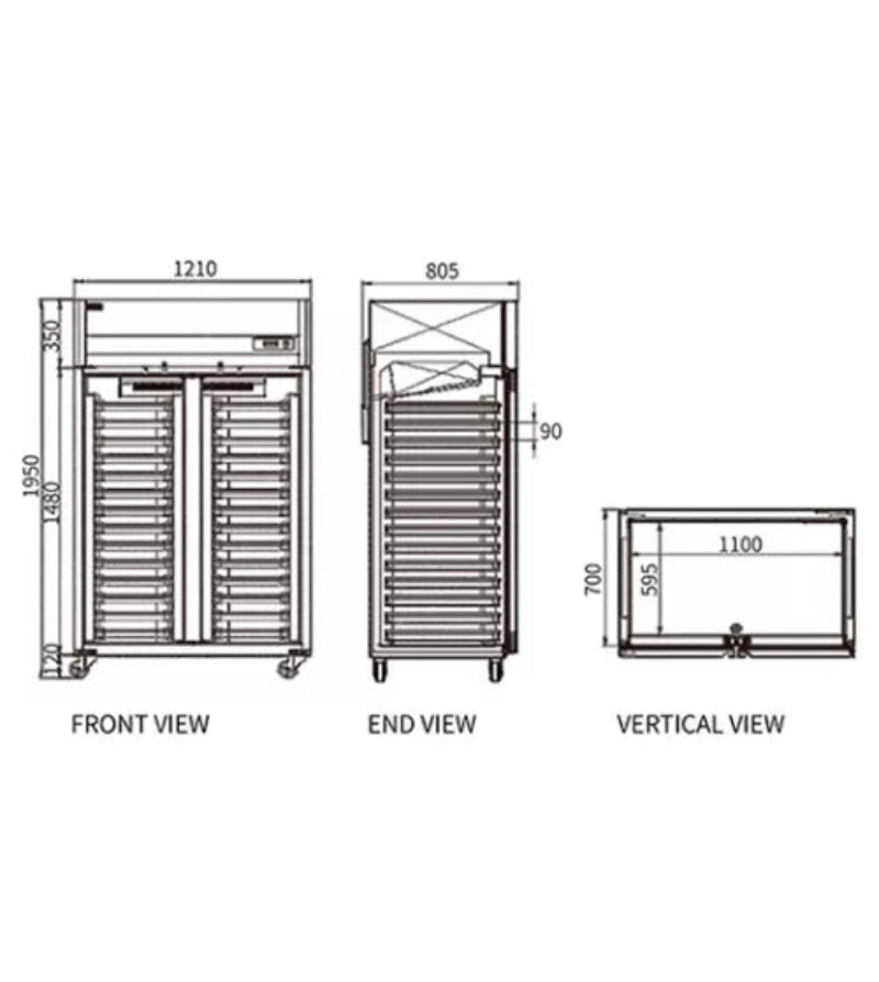 Technical drawings of a refrigerator with dimensions labeled for front, end, and vertical views.