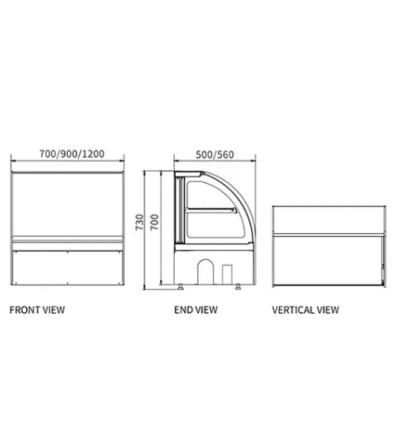 Technical drawing of a shower enclosure with dimensions labeled for front, end, and vertical views.