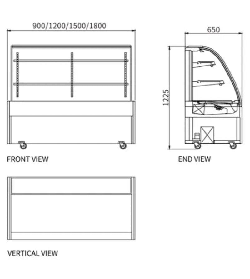 Technical drawings of a piece of equipment with dimensions labeled