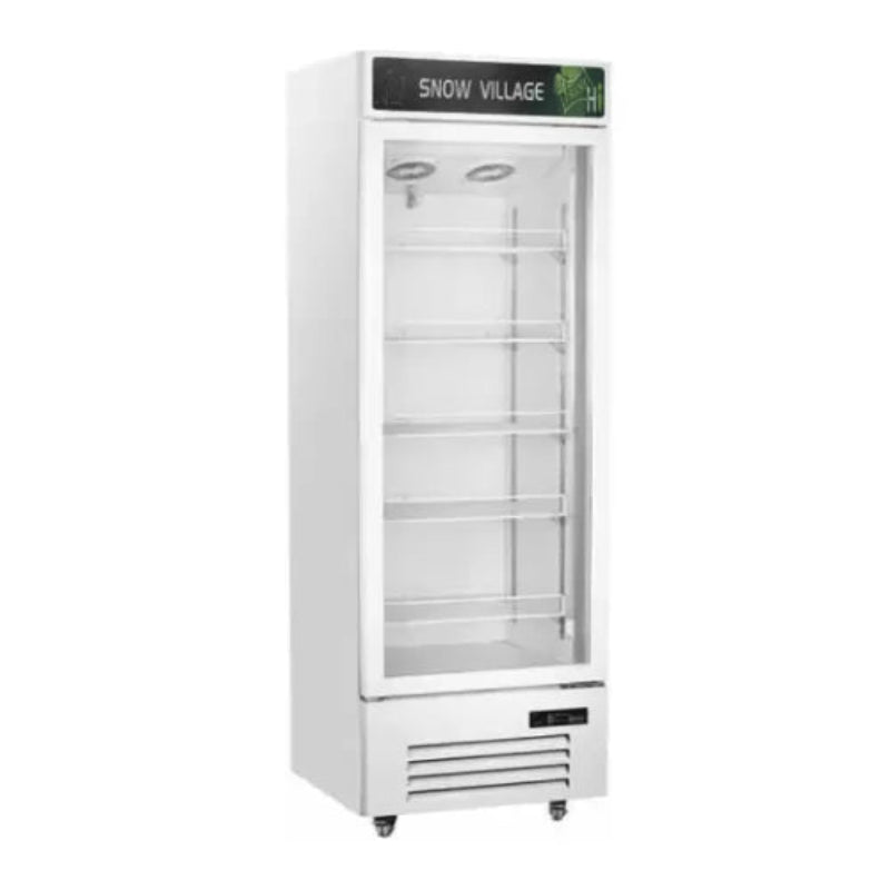 White refrigerator with glass door on a white background, branded 'Snow Village'.