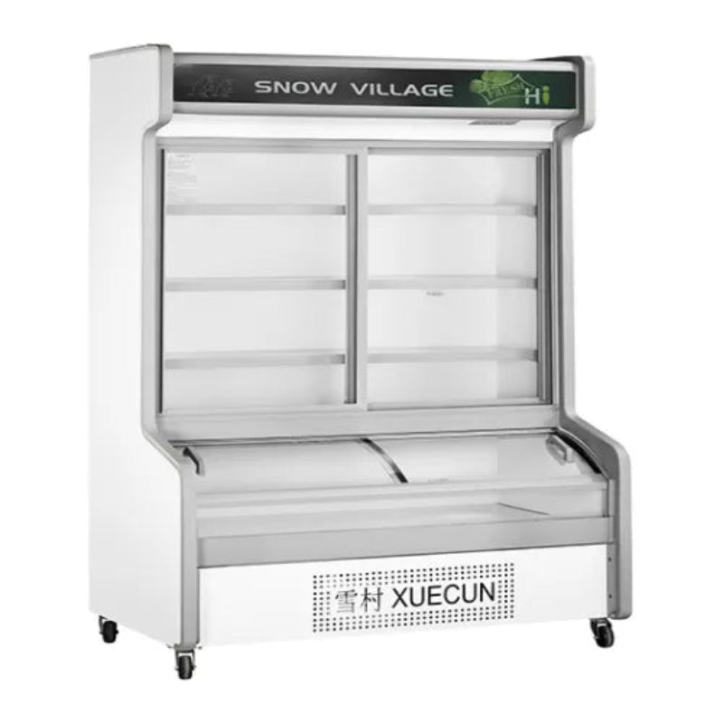 Commercial refrigerator with 'Snow Village' and 'Xuecun' branding on a white background