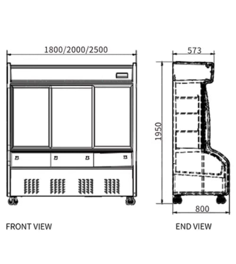 Technical drawing of a kitchen refrigerator with dimensions labeled