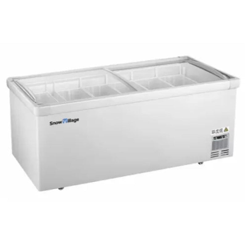 White freezer with glass lid on a white background, featuring Snow Village branding.
