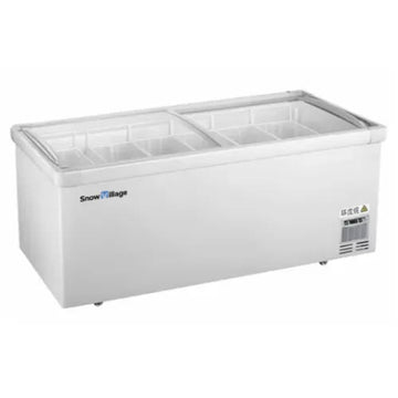 White freezer with glass lid on a white background, featuring Snow Village branding.