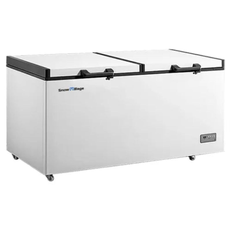 White freezer with a glass door on a white background