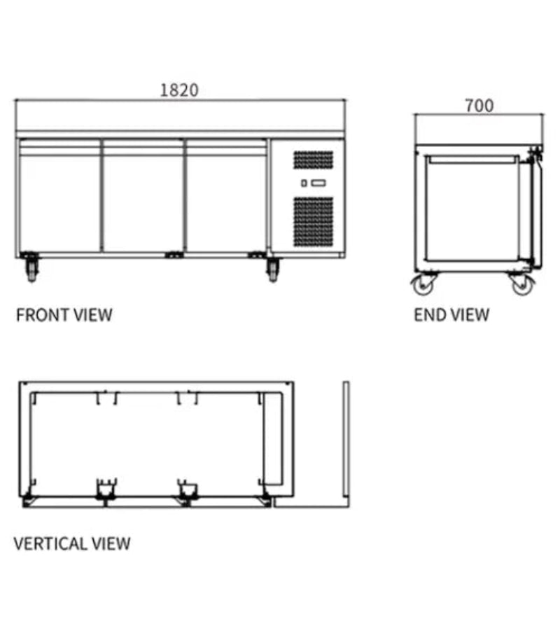 Technical drawings of a kitchen refrigerator from front, end, and vertical views.