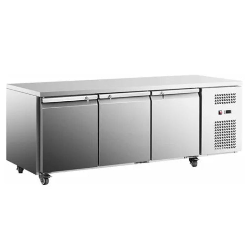 Stainless steel refrigerator with three doors on a white background