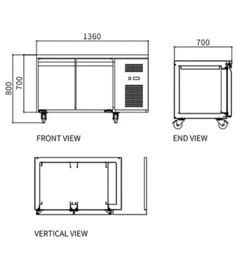 Technical drawings of a piece of equipment showing front, end, and vertical views with dimensions.