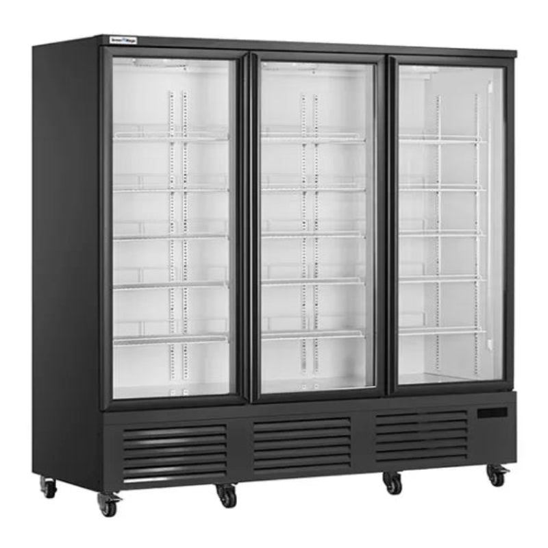 Black commercial freezer with glass doors on a white background