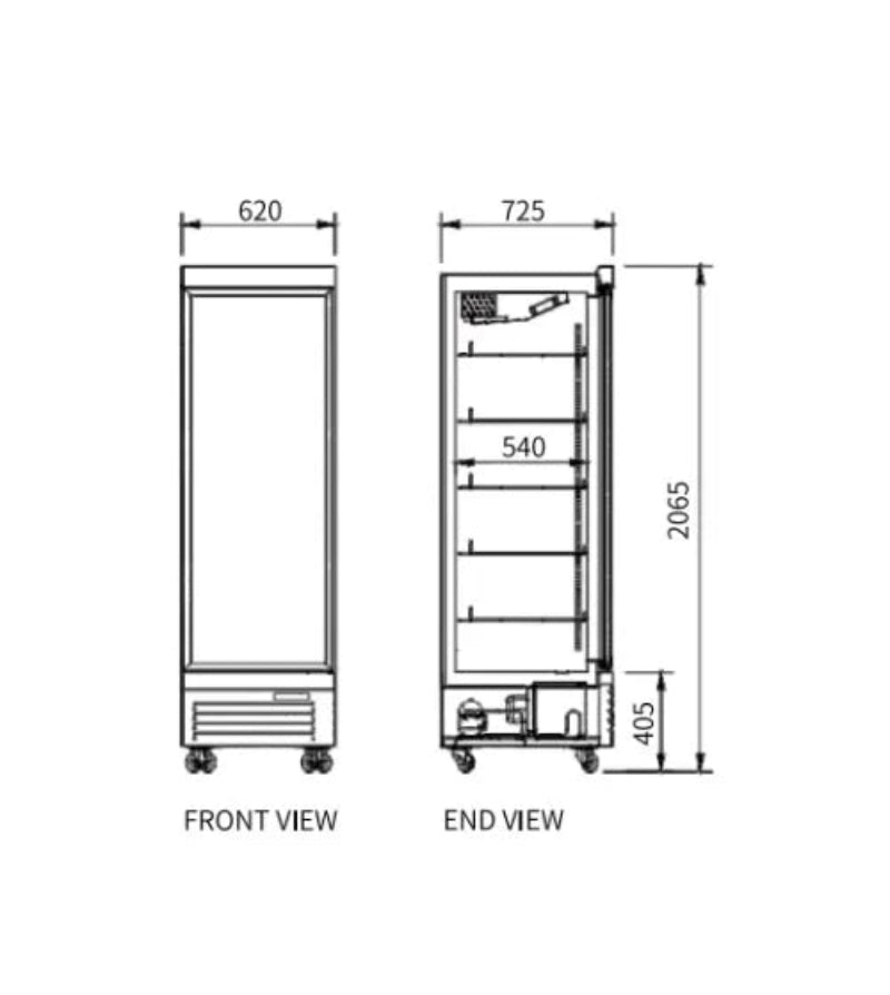 Technical drawings of a refrigerator with dimensions labeled