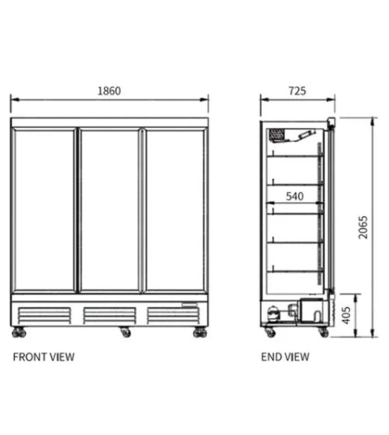 Technical drawing of a refrigerator with dimensions labeled