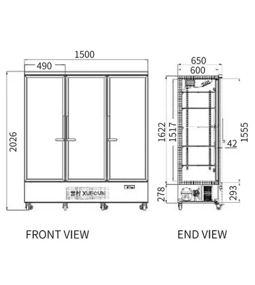 Technical drawings of a refrigerator with dimensions labeled