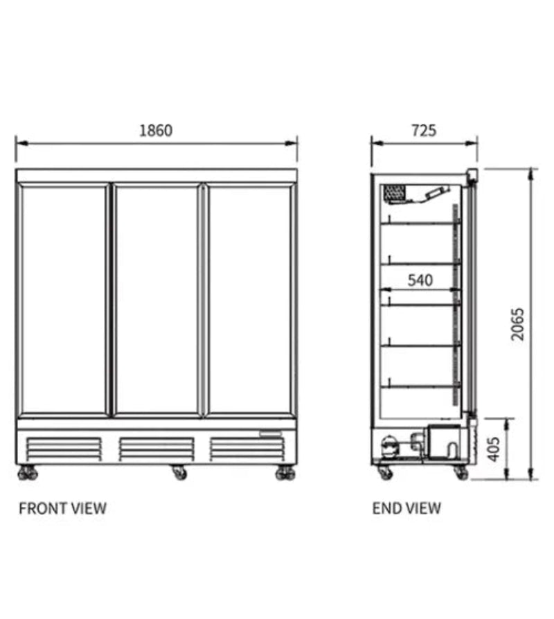 Technical drawing of a refrigerator with dimensions labeled