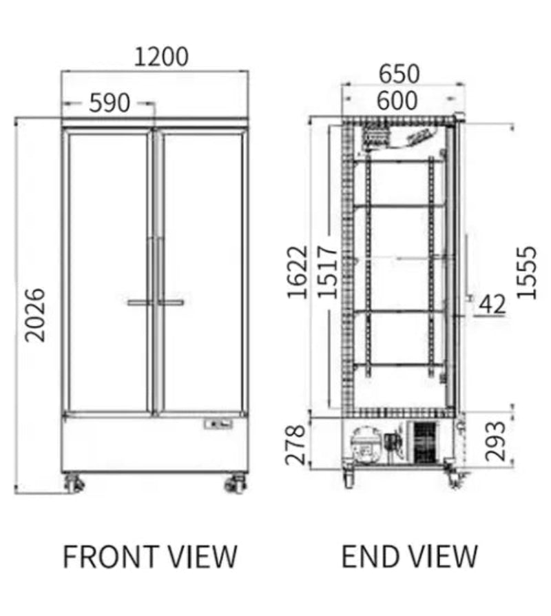 Technical drawings of a refrigerator with dimensions labeled