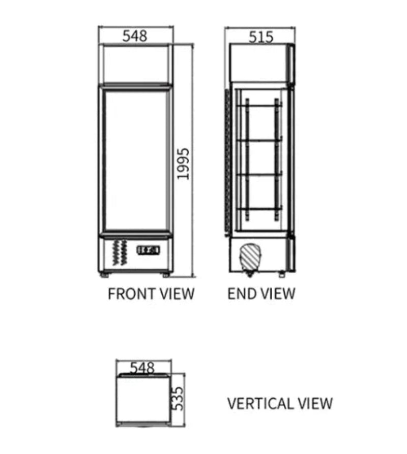 Technical drawings of a refrigerator from front, end, and vertical views with dimensions.