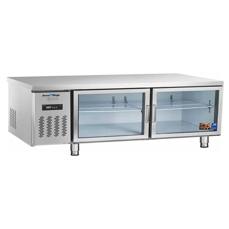 Stainless steel refrigerator with glass doors on a white background