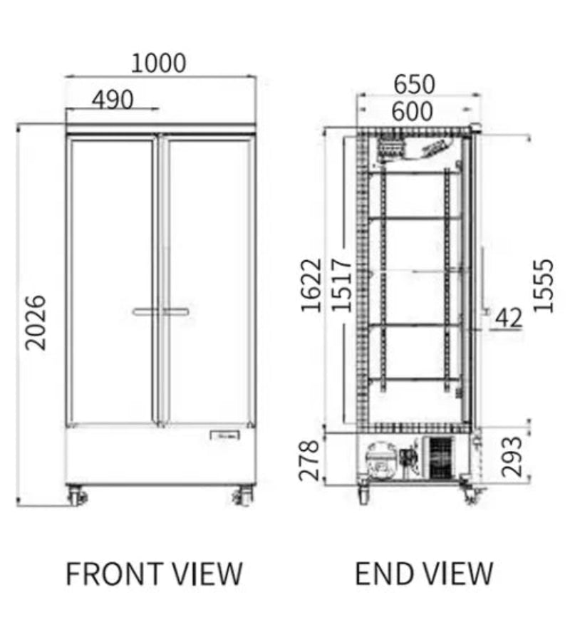 Technical drawings of a refrigerator with dimensions labeled for front and end views.