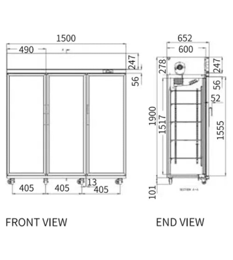 Technical drawing of a kitchen cabinet with dimensions labeled
