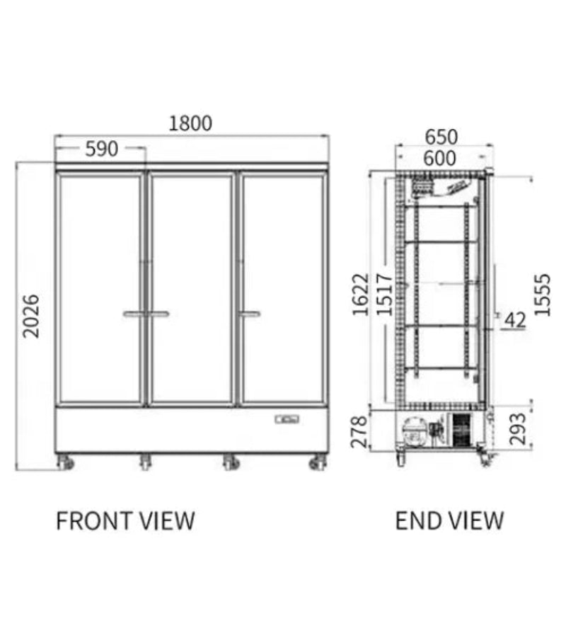 Technical drawings of a refrigerator with dimensions labeled