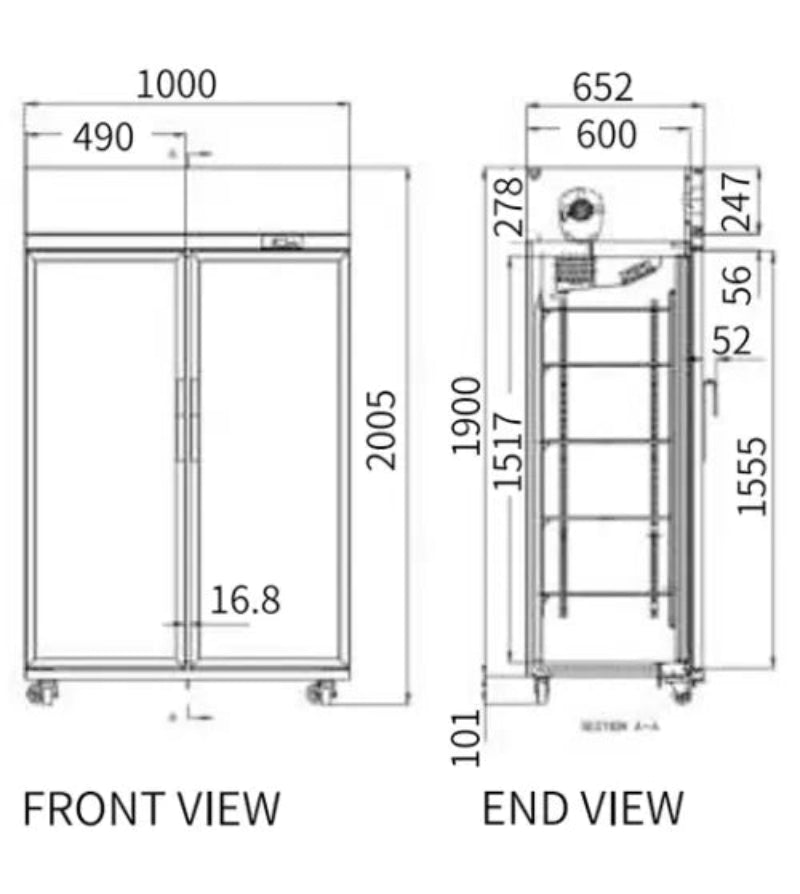 Technical drawing with dimensions of a piece of equipment showing front and end views.