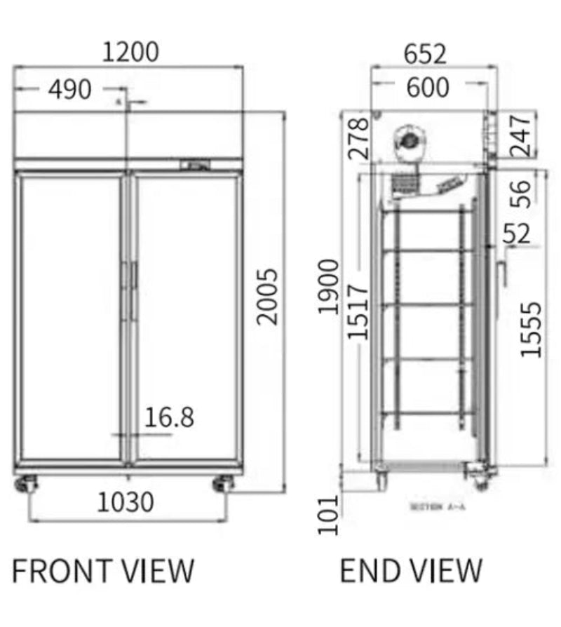 Technical drawing with dimensions of a kitchen cabinet
