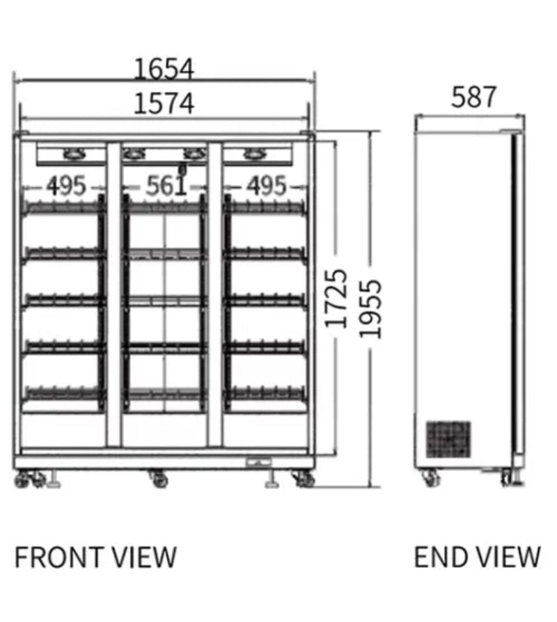 Dimensions of a commercial refrigerator with front and end views