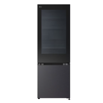 Black refrigerator with glass door on a white background