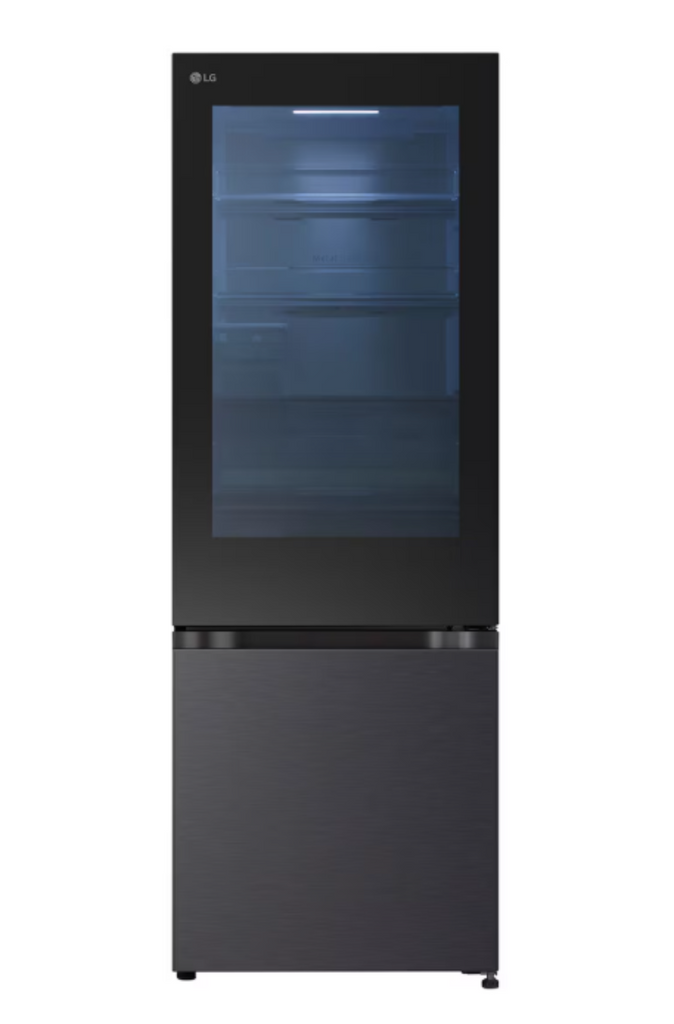 Black refrigerator with glass door on a white background
