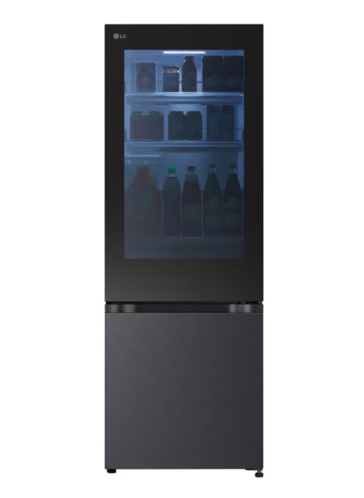 Black refrigerator with glass door displaying bottles on a white background