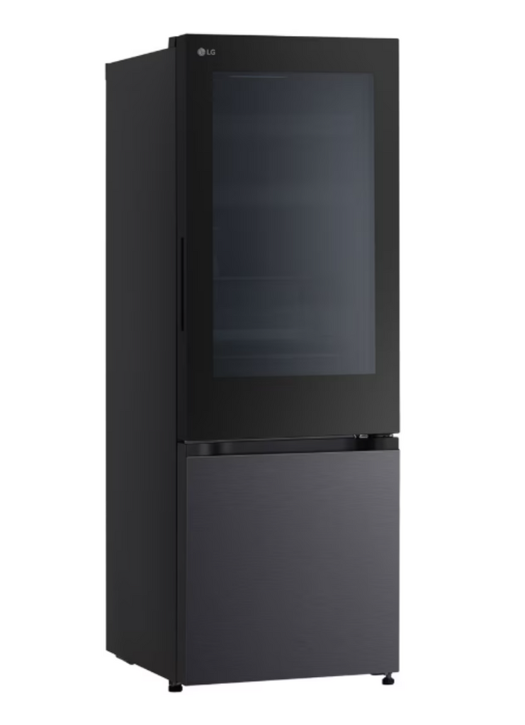 Black refrigerator with glass door on a white background