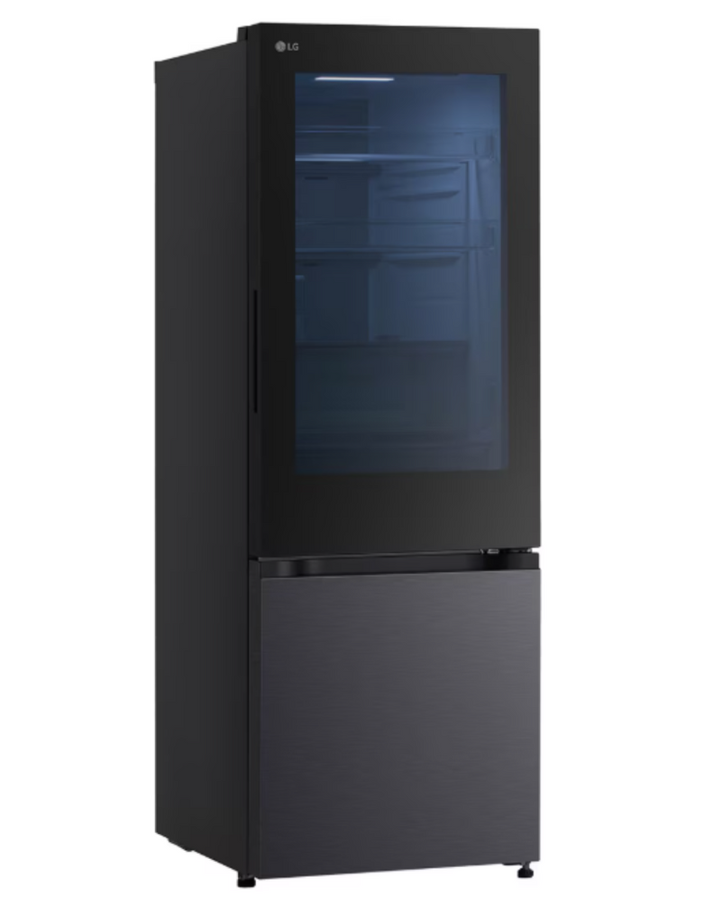 Black refrigerator with glass door on a white background