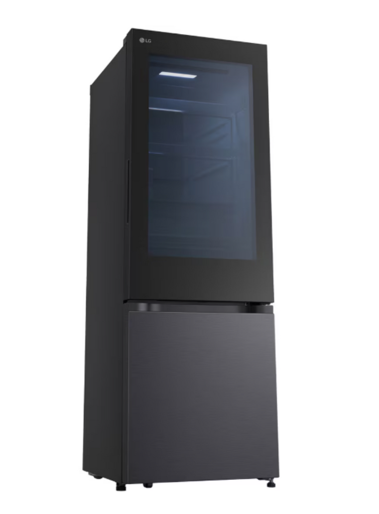 Black refrigerator with glass door on a white background