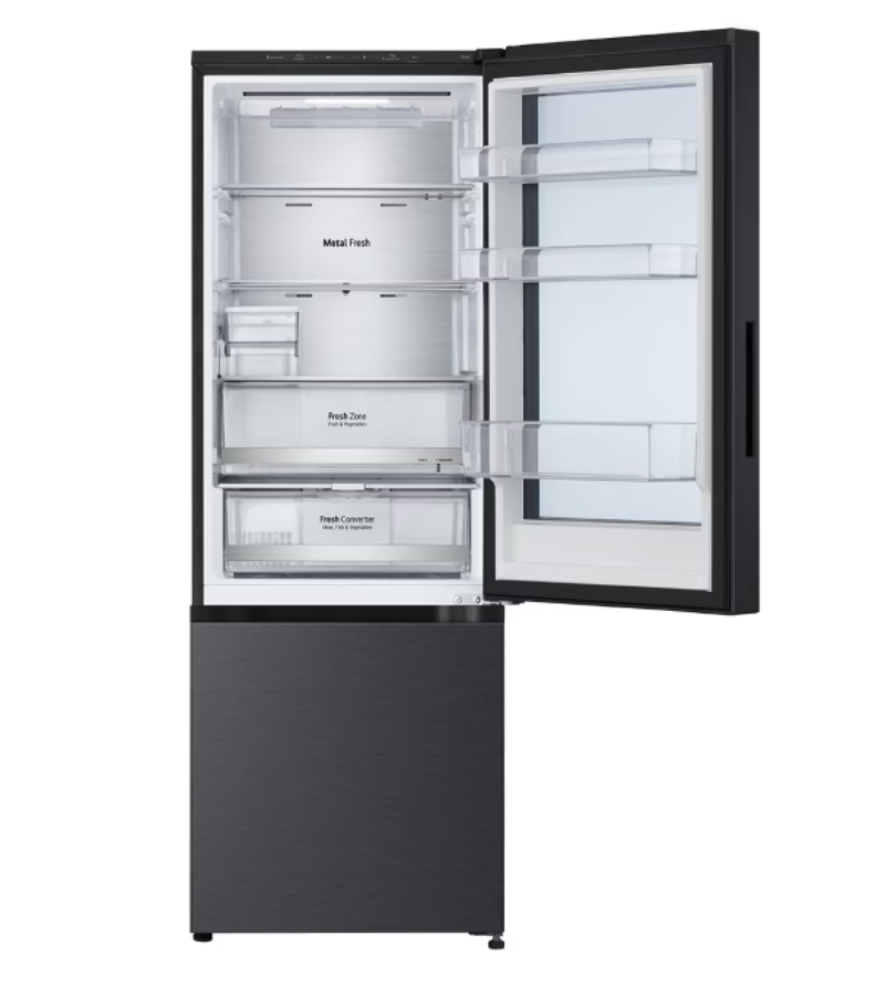 Black refrigerator with open door showing interior compartments on a white background