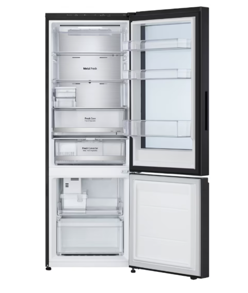 Open refrigerator with black exterior and white interior on a white background