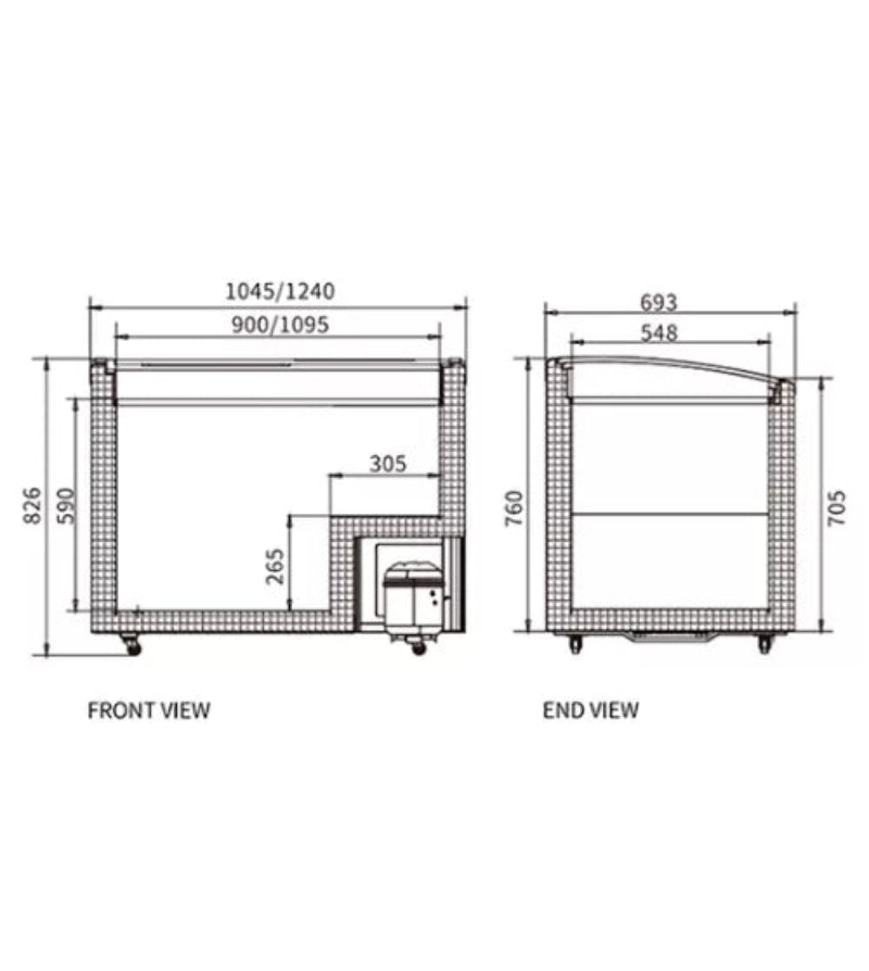 Technical drawings of a product's front and end views with dimensions.