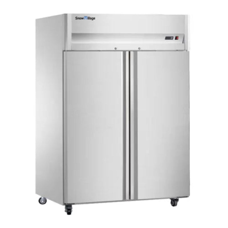Commercial refrigerator with double doors on a white background
